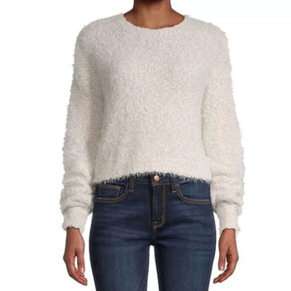 Arizona Sz Large Long Sleeve Ivory Grey Fuzzy Sweater - Picture 1 of 6